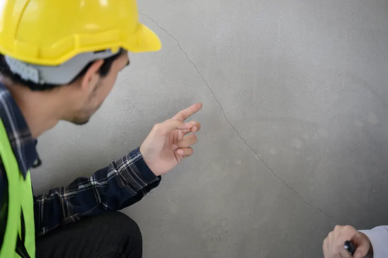 Ingeniero estructural señalando una grieta en un muro durante una inspección de edificación